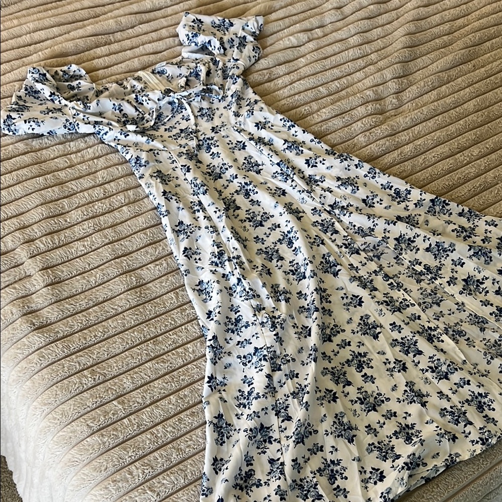 Amazon Blue and White Sequin Off-the-Shoulder Maxi Dress